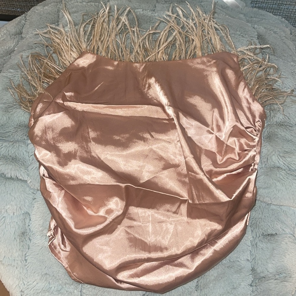 CLOUD TEN cropped gathered feather top in tan champagne medium